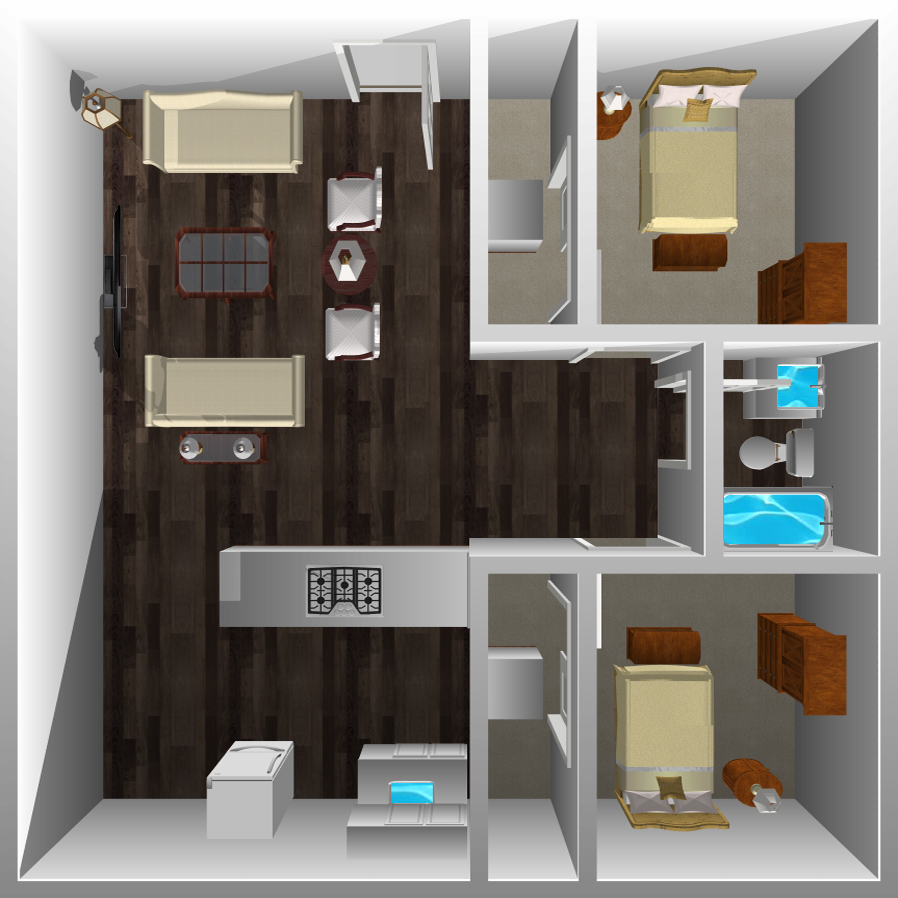 This image is the visual 3D representation of 'Floorplan B' in Central Park East Apartments.