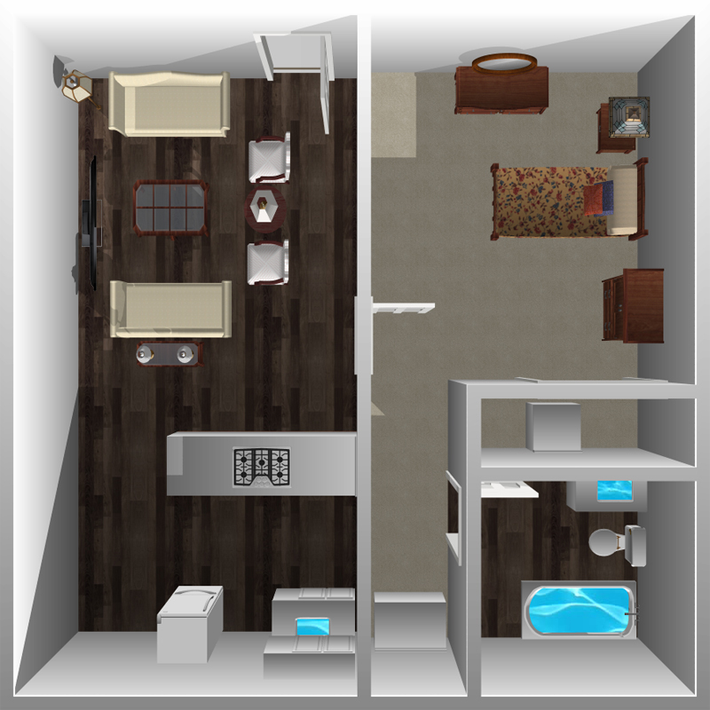This image is the visual 3D representation of 'Floorplan A' in Central Park East Apartments.